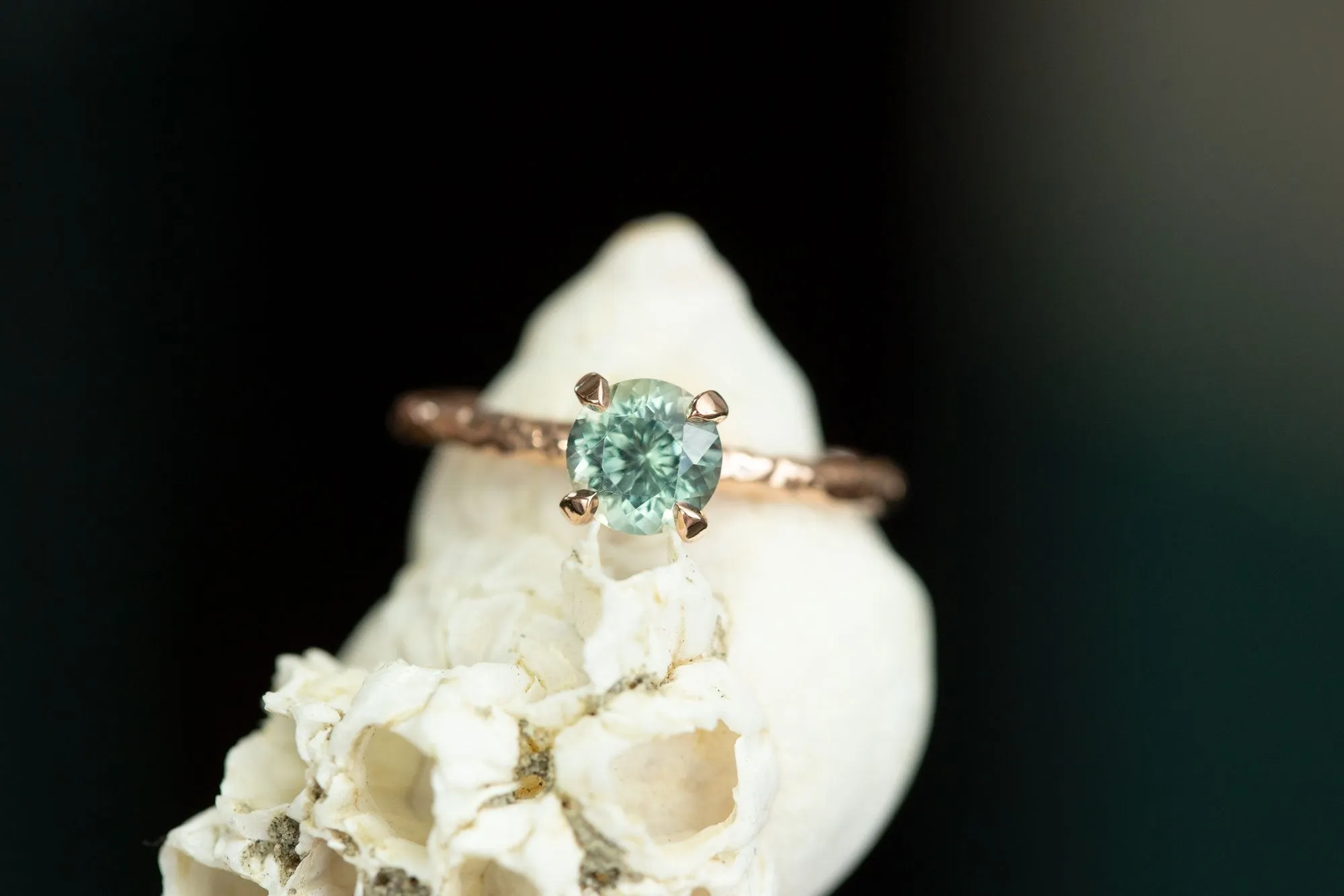 1.15ct Montana Sapphire Ring, Teal Blue Green in 14k Rose Gold Evergreen Texture