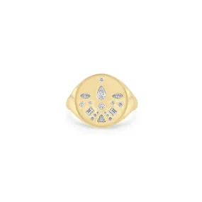 14k Diamond Mosaic Brushed Gold Round Signet Ring