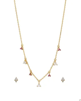 18Kt Gold Plated With Dangling Solitaire Ruby Red Cz Studded Necklace With Earring Set For Women