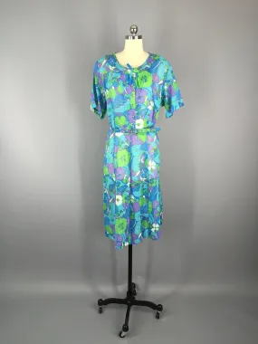 1960s Vintage Blue Mod Floral Print Dress and Jacket Set