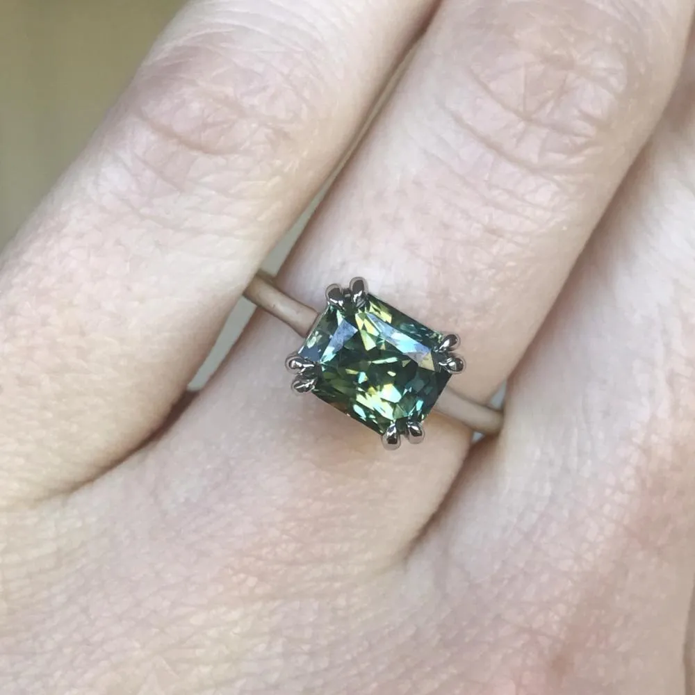 3.56ct Parti Radiant Cut Sapphire Ring, Blue/Green/Yellow/Teal with Double Claw Prongs in 14k White Gold