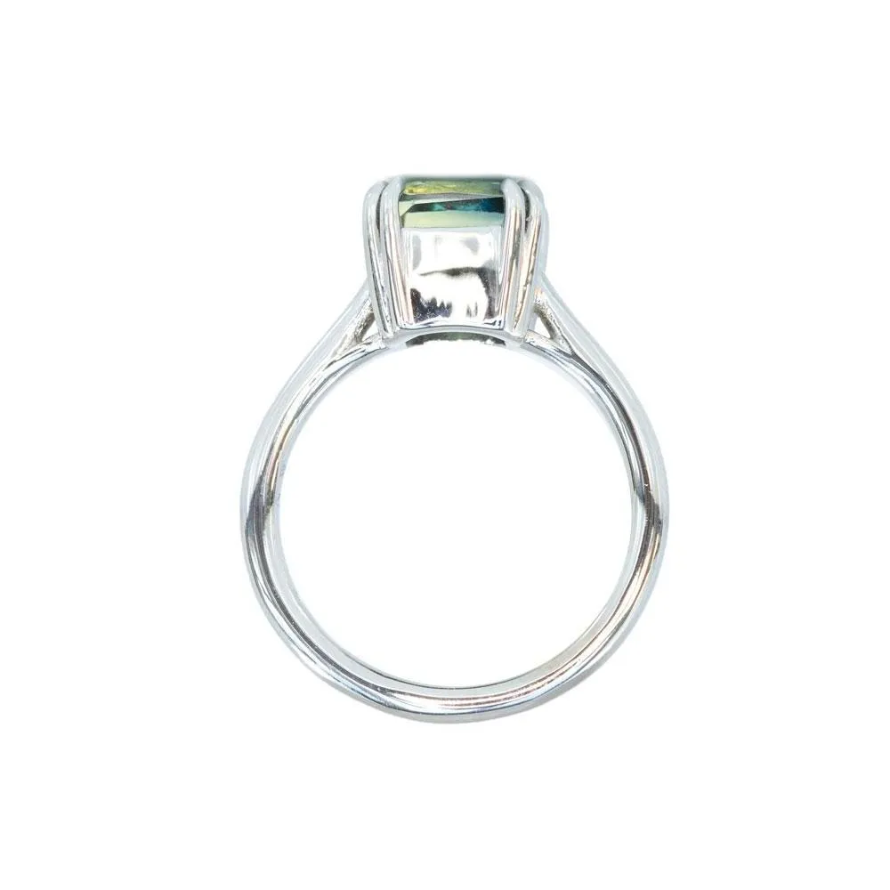 3.56ct Parti Radiant Cut Sapphire Ring, Blue/Green/Yellow/Teal with Double Claw Prongs in 14k White Gold