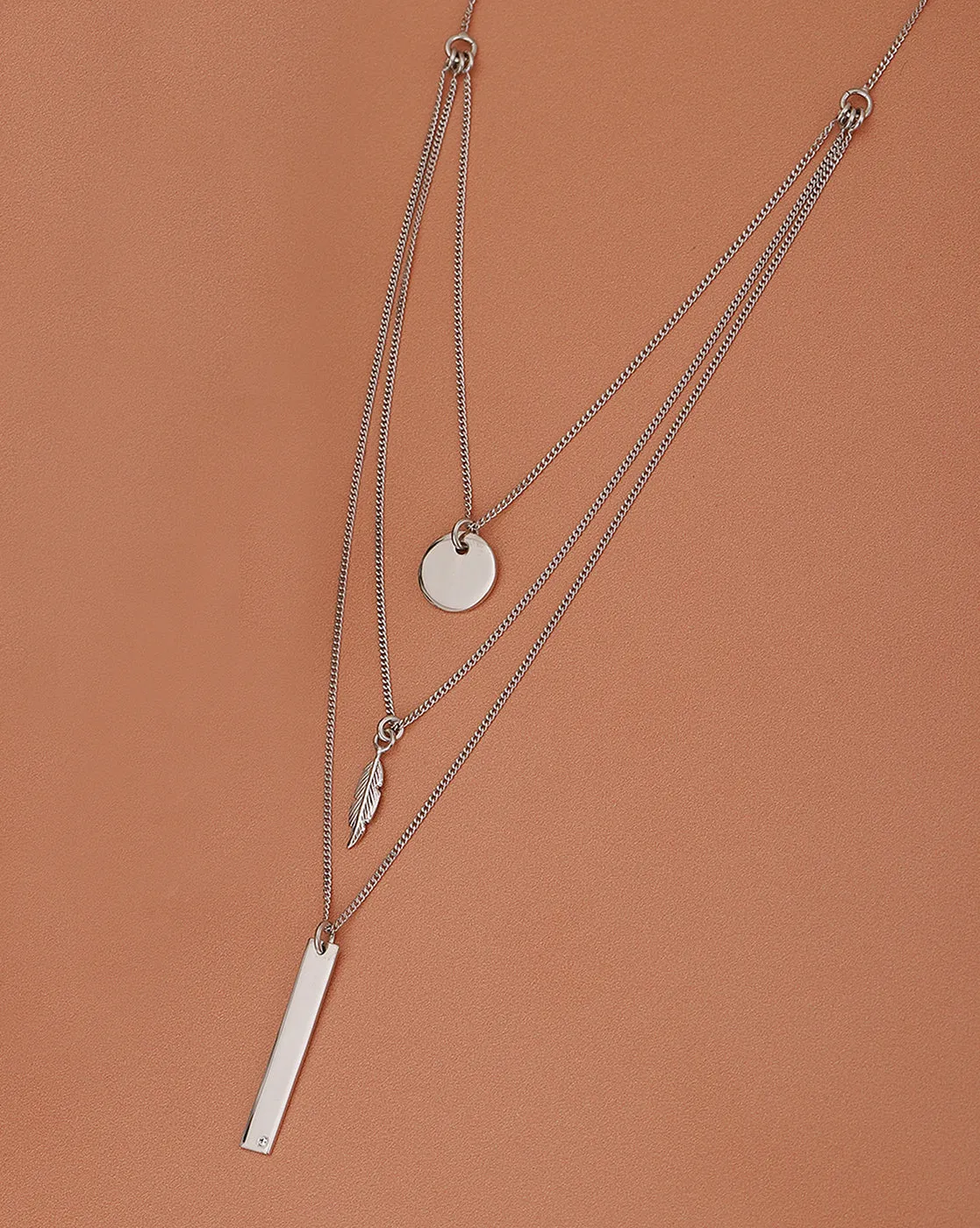 925 Sterling Silver Dangling Bar & Leaf With Rhodium Plated Layered Necklace