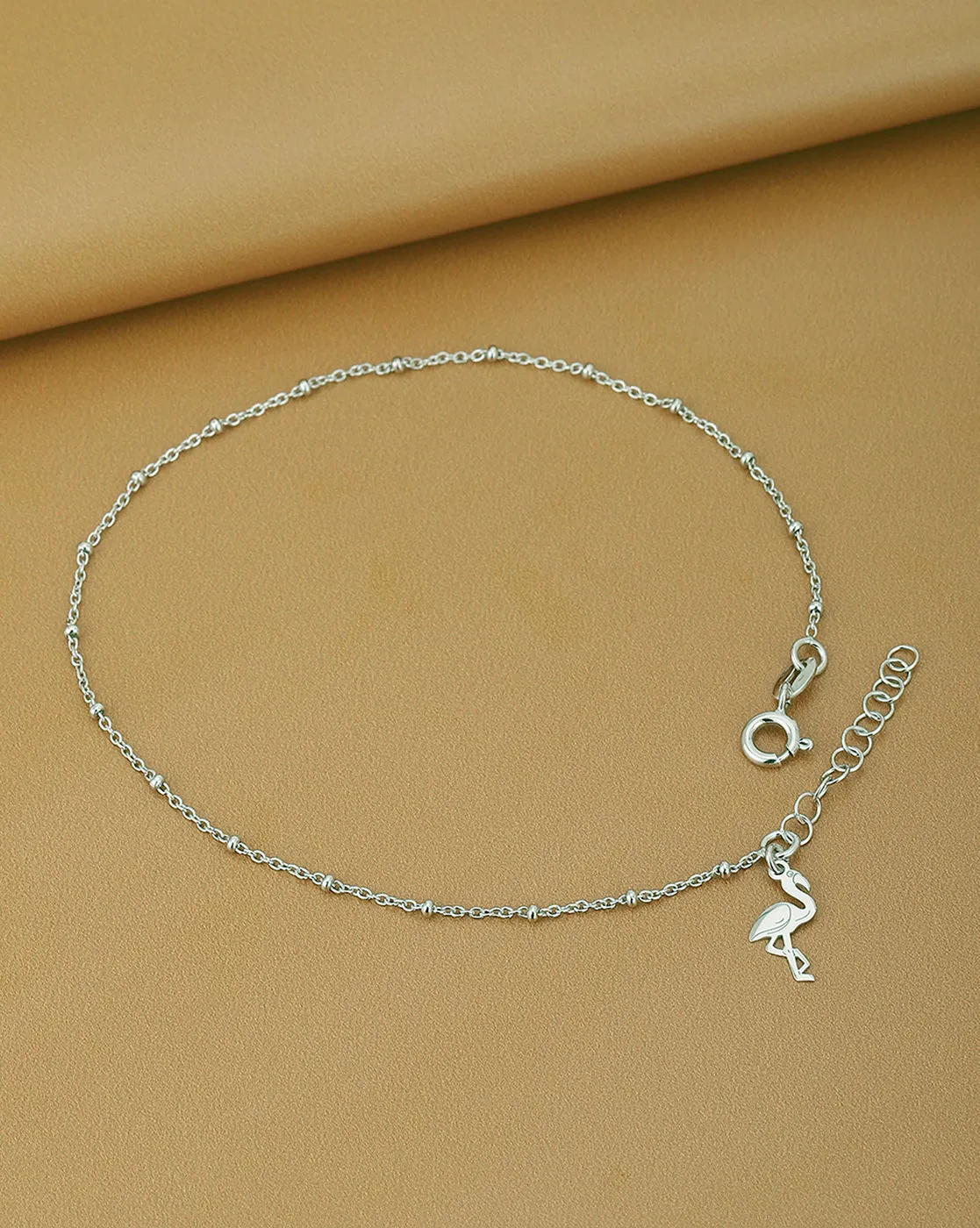 925 Sterling Silver Rhodium Plated With Dangling Crane Adjustable Charm Anklet