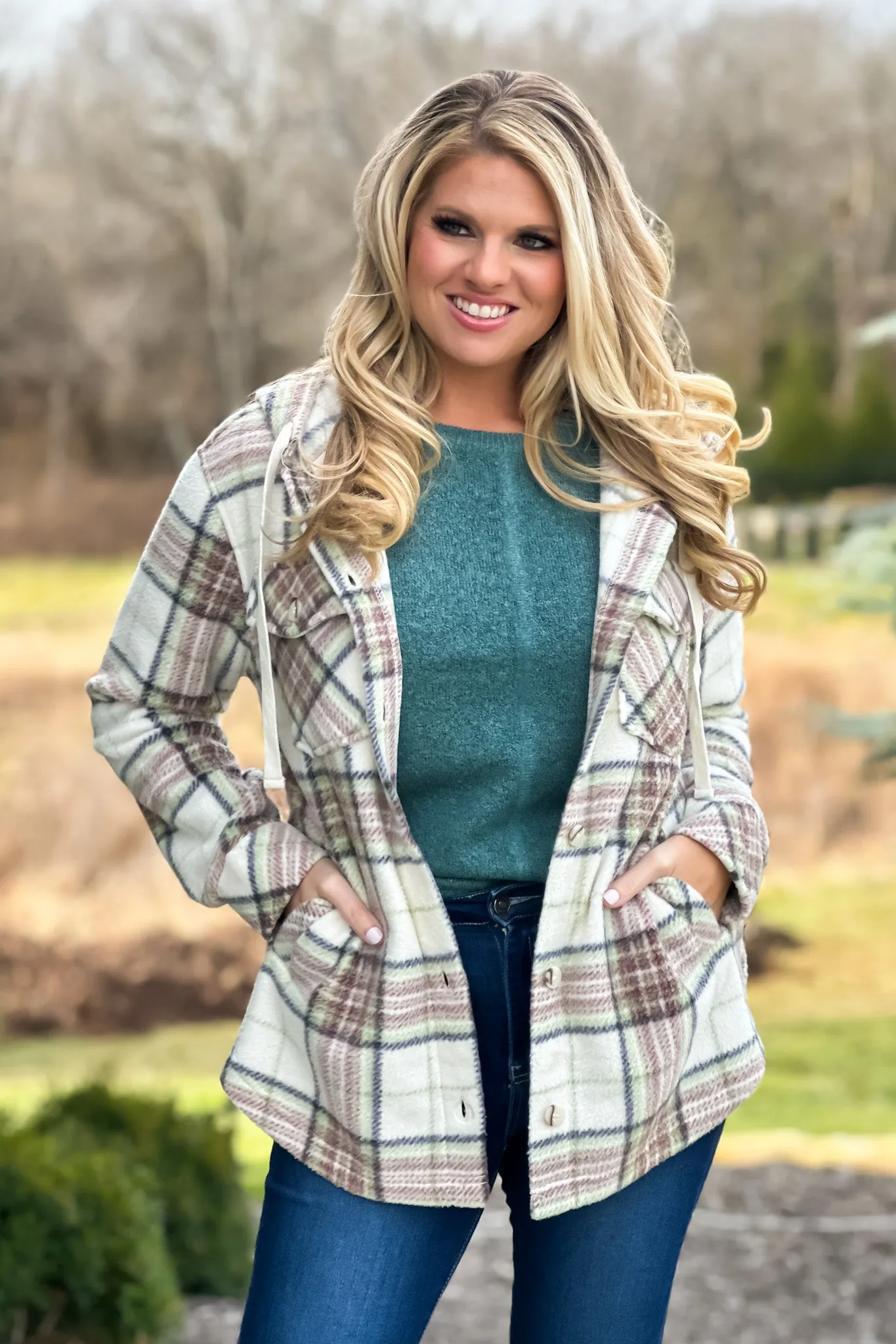 Almira Hooded Cozy Flannel Plaid Shacket : Ivory/Green/Mauve