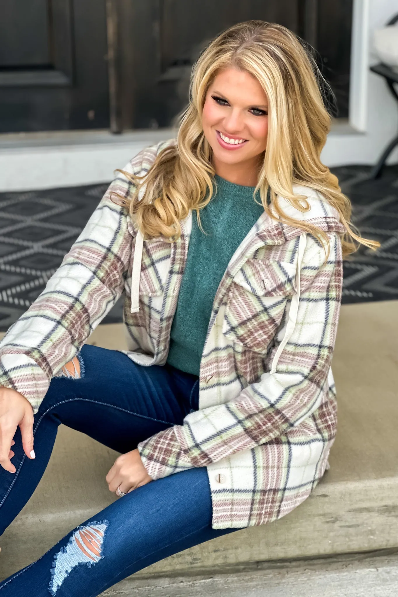 Almira Hooded Cozy Flannel Plaid Shacket : Ivory/Green/Mauve