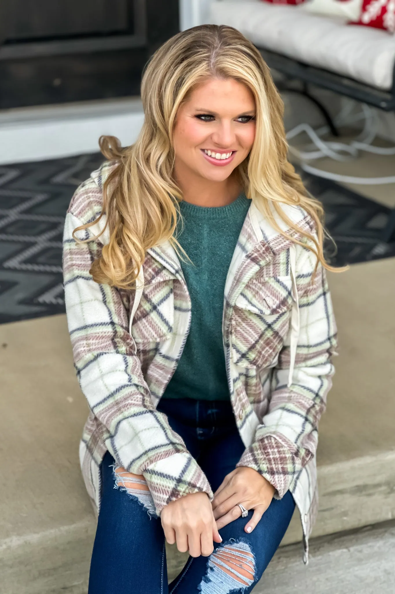 Almira Hooded Cozy Flannel Plaid Shacket : Ivory/Green/Mauve