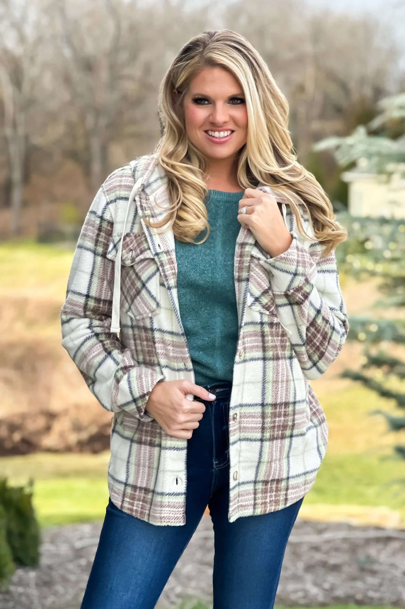 Almira Hooded Cozy Flannel Plaid Shacket : Ivory/Green/Mauve