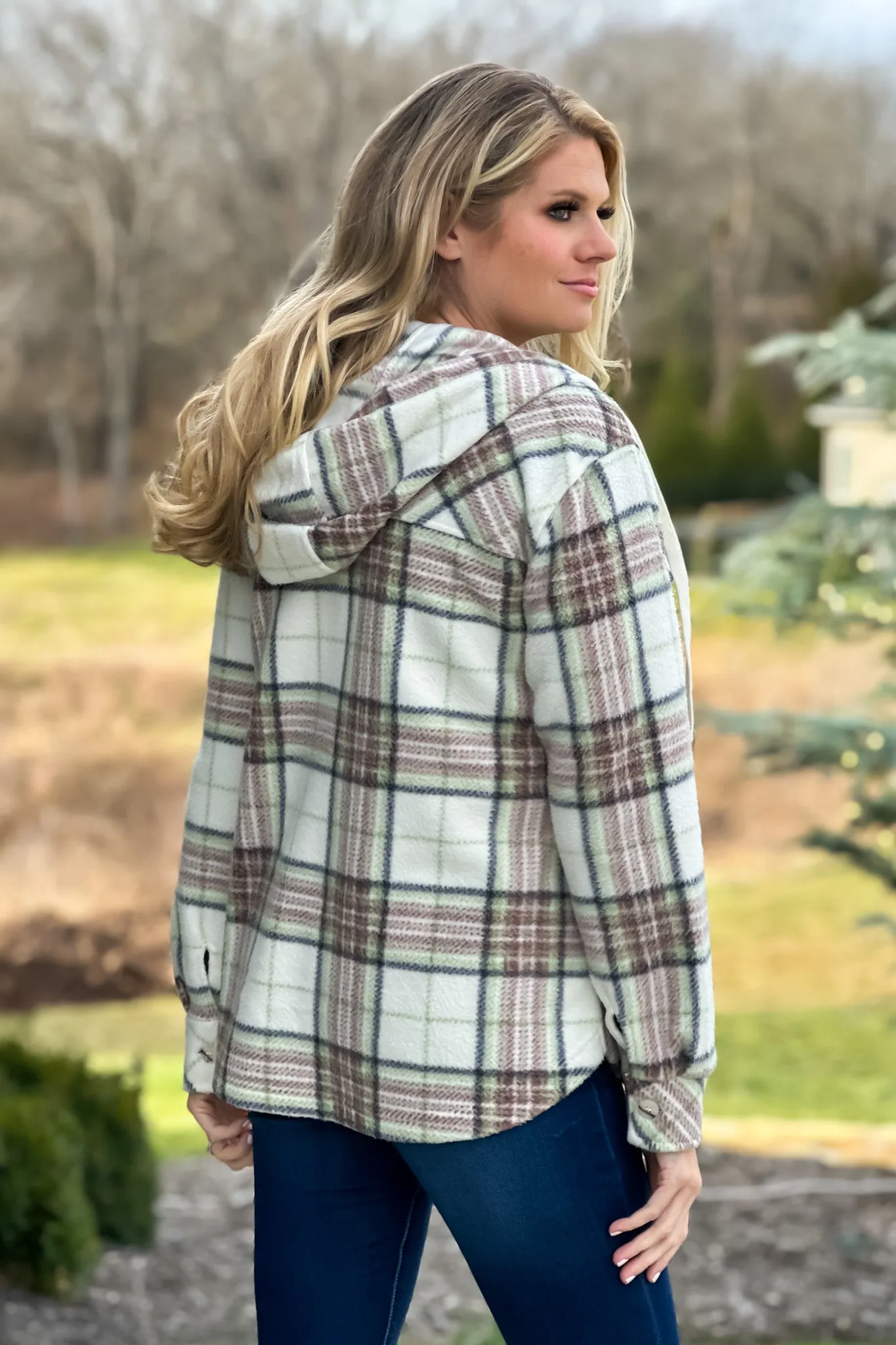 Almira Hooded Cozy Flannel Plaid Shacket : Ivory/Green/Mauve