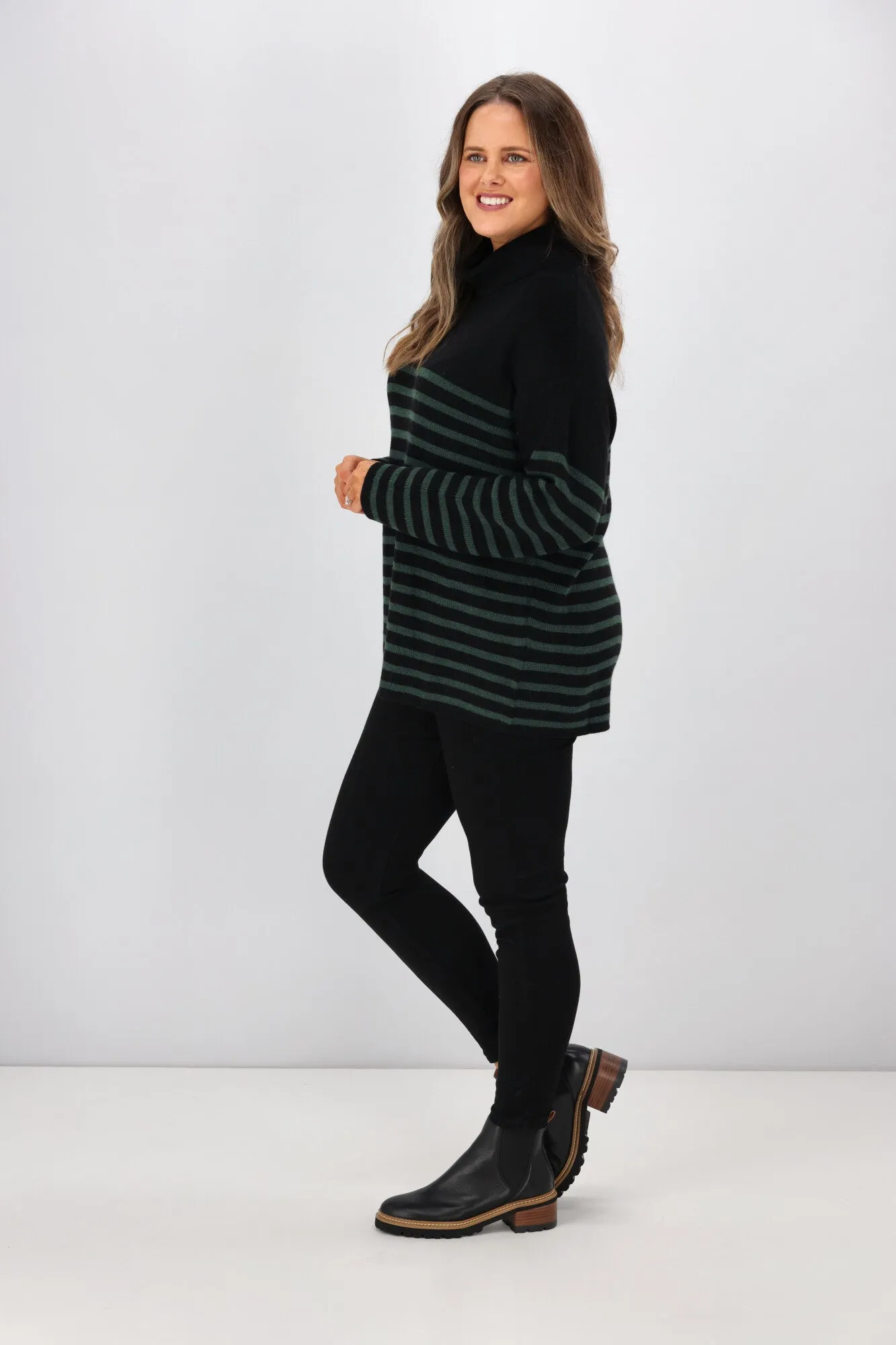 Alpine by Shine On Amberley Striped Merino Jumper Black Olive