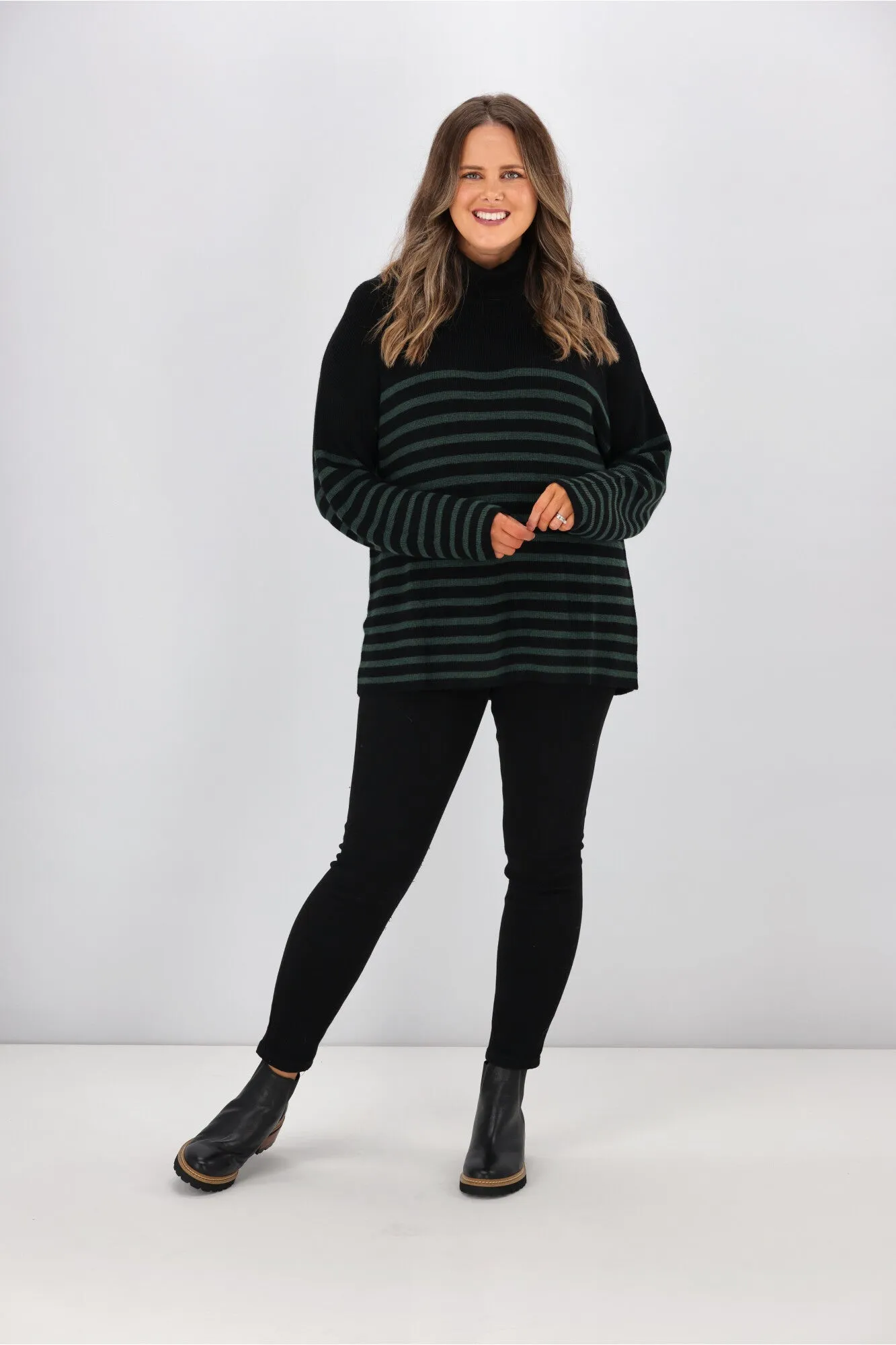 Alpine by Shine On Amberley Striped Merino Jumper Black Olive