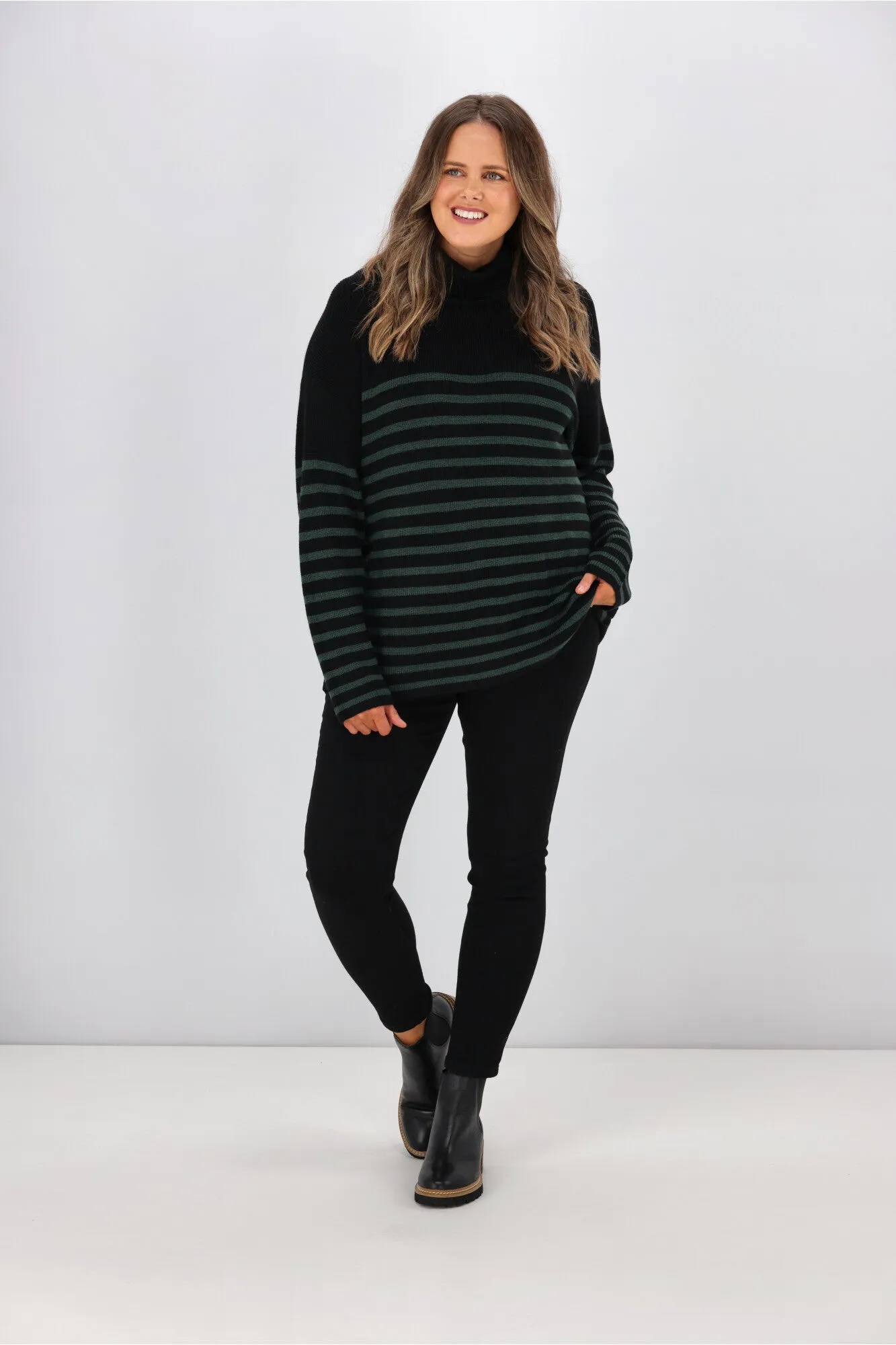 Alpine by Shine On Amberley Striped Merino Jumper Black Olive