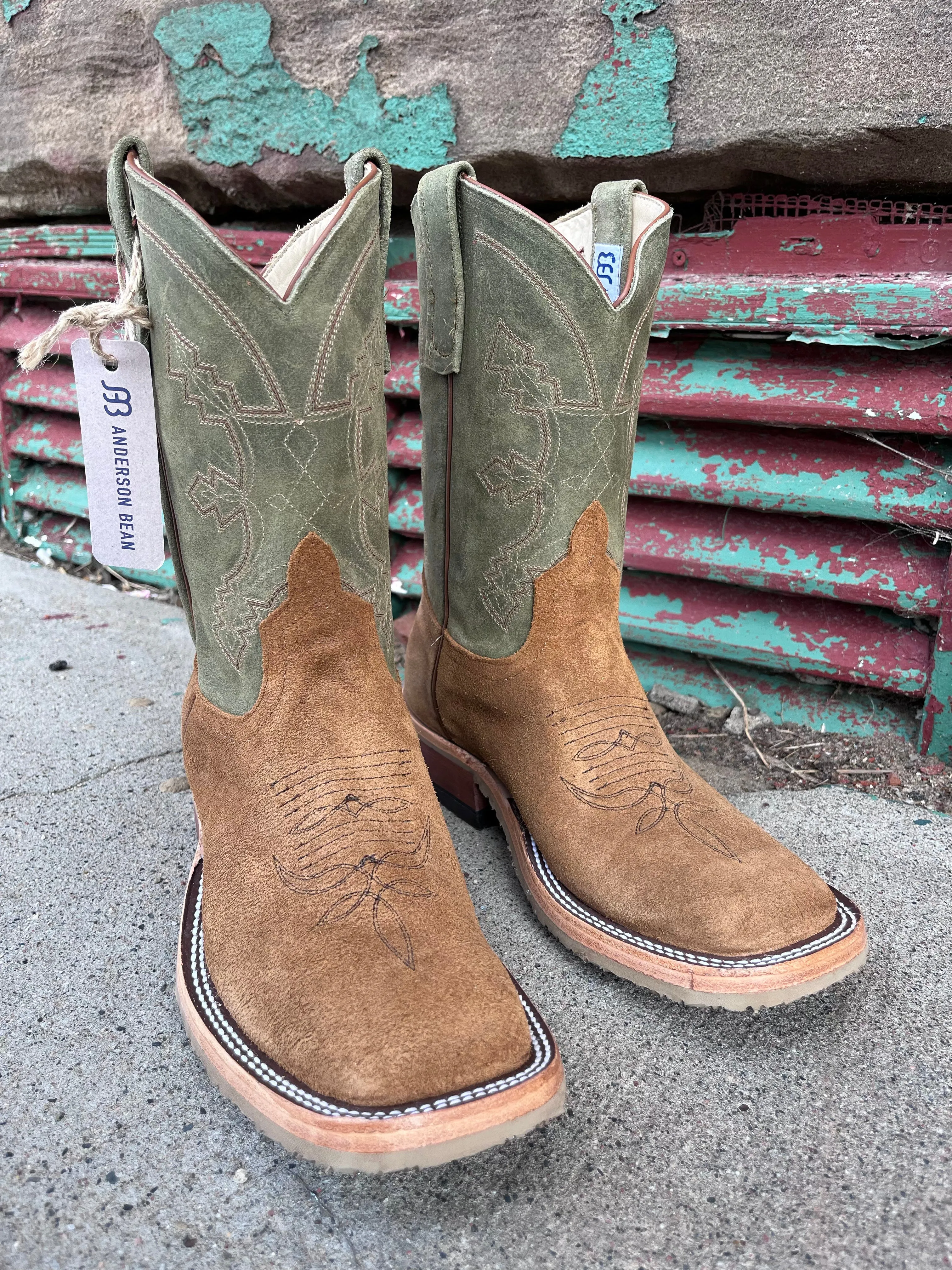 Anderson Bean Men's 10" Tan Indian/Sage Waxy Kudu Square Toe Cowboy Boots 339592