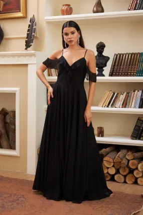 Angelino Black Chiffon Chest Long Evening Dress with Foward