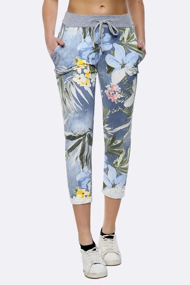 Anne   Kate Italian Tropical Floral Light Denim Print Trousers 10-12