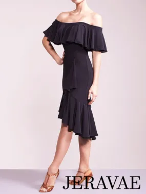 Black Latin Practice Skirt with Ruffle Sash and Asymmetrical Hem Available in Sizes S-XXL PRA 337 in Stock