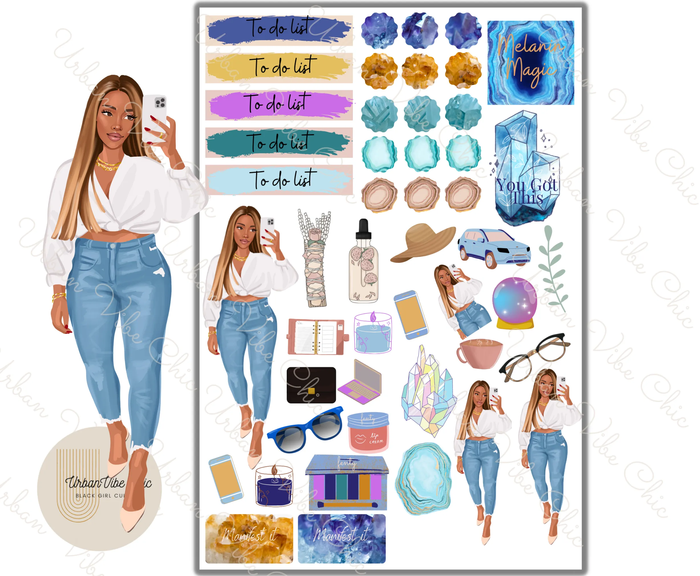 Blue Summer- Black Girl Planner Stickers