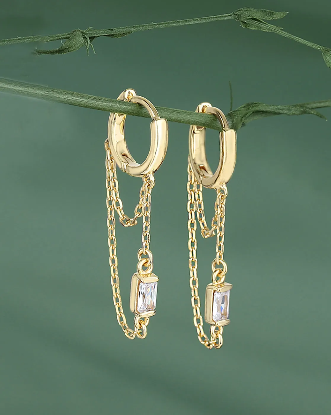 Carlton London 18Kt Gold Plated Hoop Earrings With Dangling Double Chain & Cz