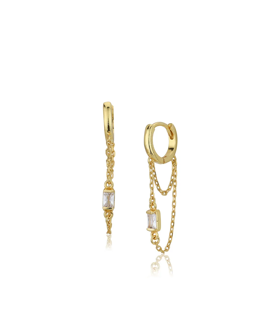 Carlton London 18Kt Gold Plated Hoop Earrings With Dangling Double Chain & Cz