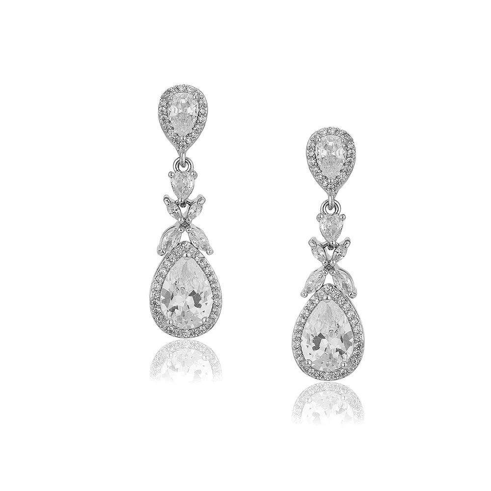 Carlton London Premium Jwlry-Silver Toned Cz Studded Rhodium-Plated Teardrop Shaped Handcrafted Drop Earrings Fje4119