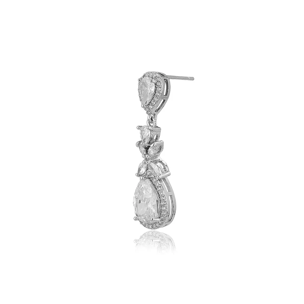 Carlton London Premium Jwlry-Silver Toned Cz Studded Rhodium-Plated Teardrop Shaped Handcrafted Drop Earrings Fje4119