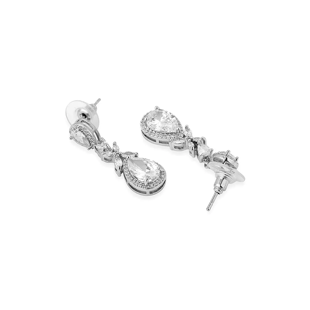 Carlton London Premium Jwlry-Silver Toned Cz Studded Rhodium-Plated Teardrop Shaped Handcrafted Drop Earrings Fje4119