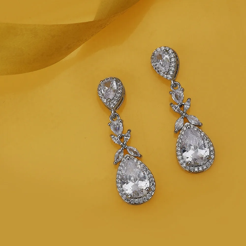 Carlton London Premium Jwlry-Silver Toned Cz Studded Rhodium-Plated Teardrop Shaped Handcrafted Drop Earrings Fje4119