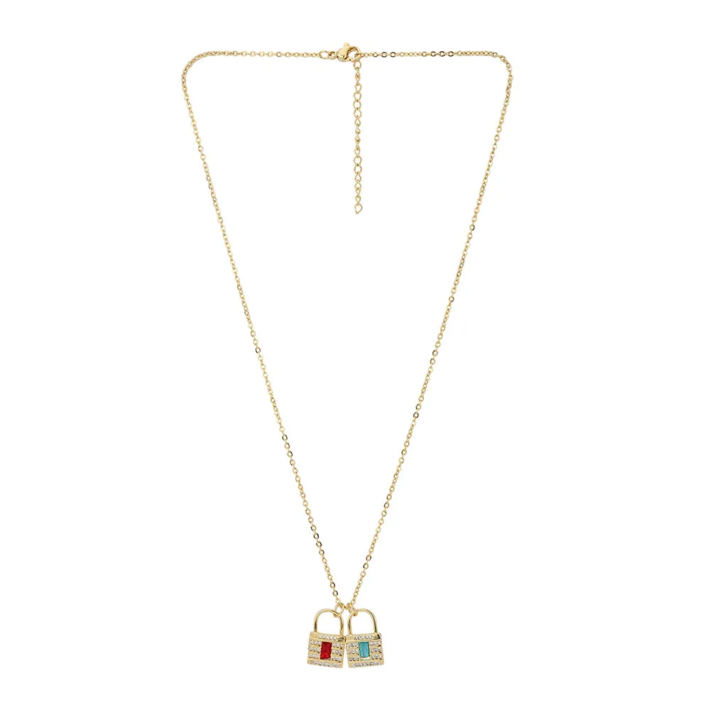 Carlton London Red & Turquoise Blue Gold-Plated Cz-Studded Lock-Shaped Necklace Fjn3353