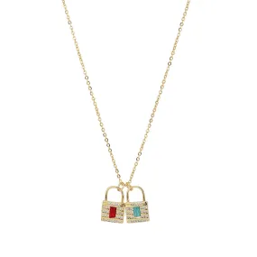 Carlton London Red & Turquoise Blue Gold-Plated Cz-Studded Lock-Shaped Necklace Fjn3353