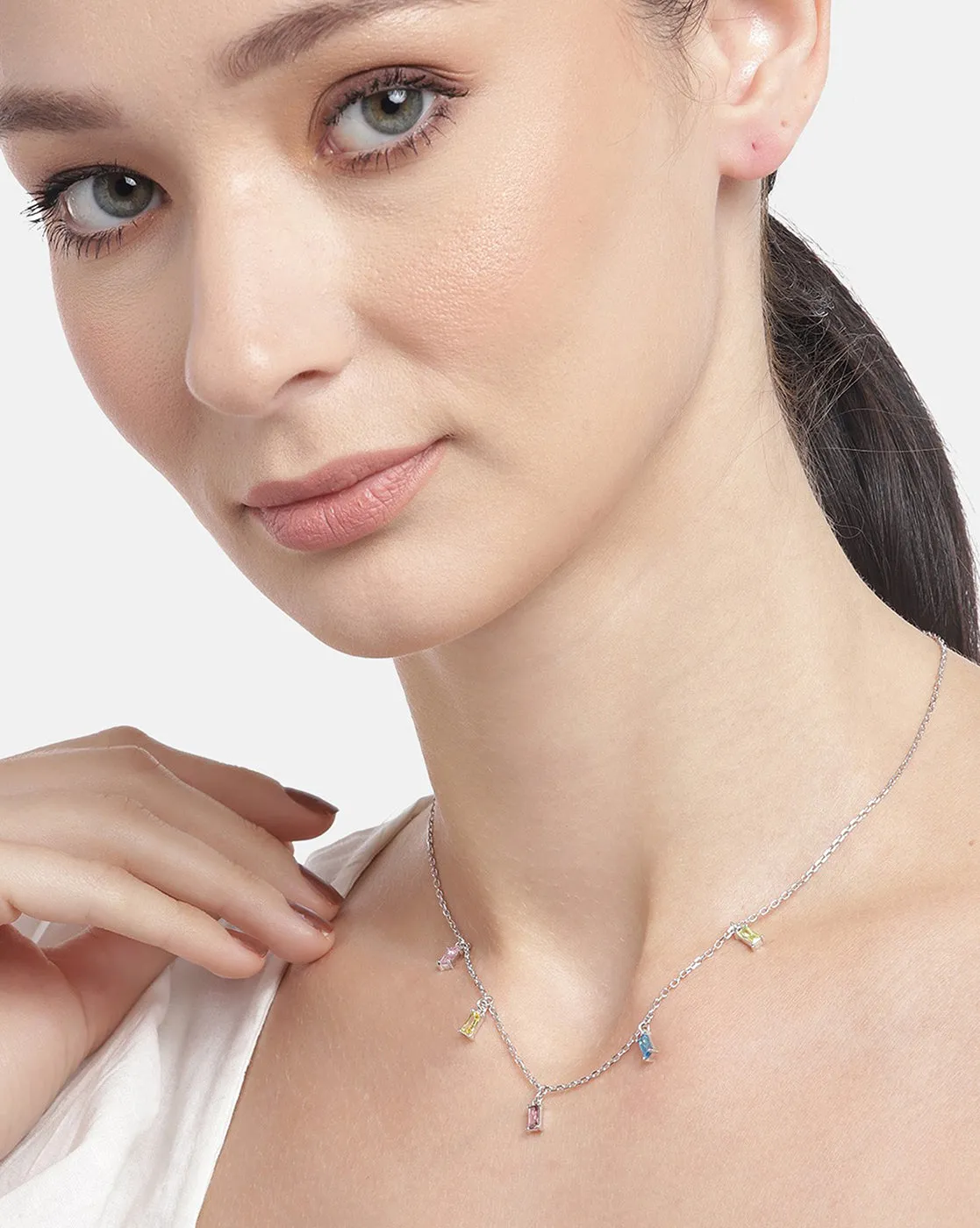 Carlton London  Rhodium Plated Classic  Necklace With Dangling Multi-Color Cz