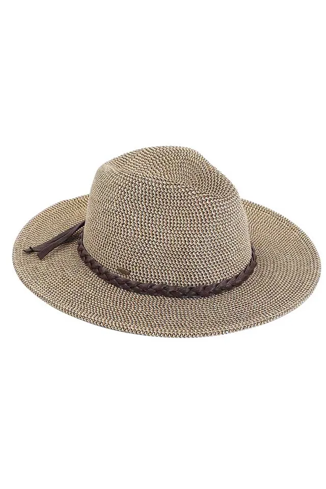 C.C Faux Leather Trim Straw Panama Hat