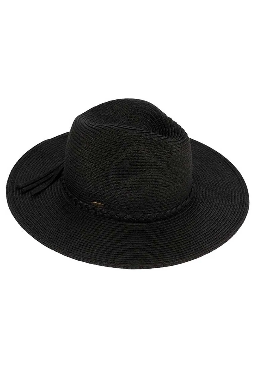 C.C Faux Leather Trim Straw Panama Hat