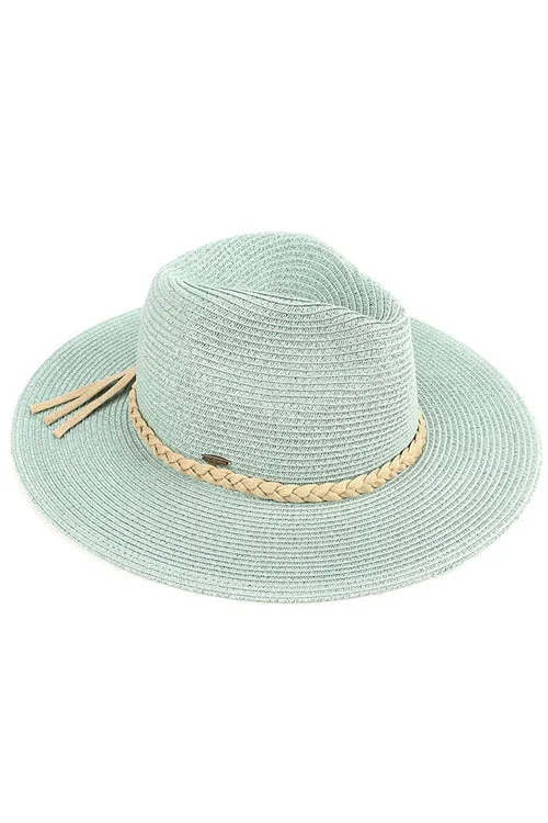 C.C Faux Leather Trim Straw Panama Hat