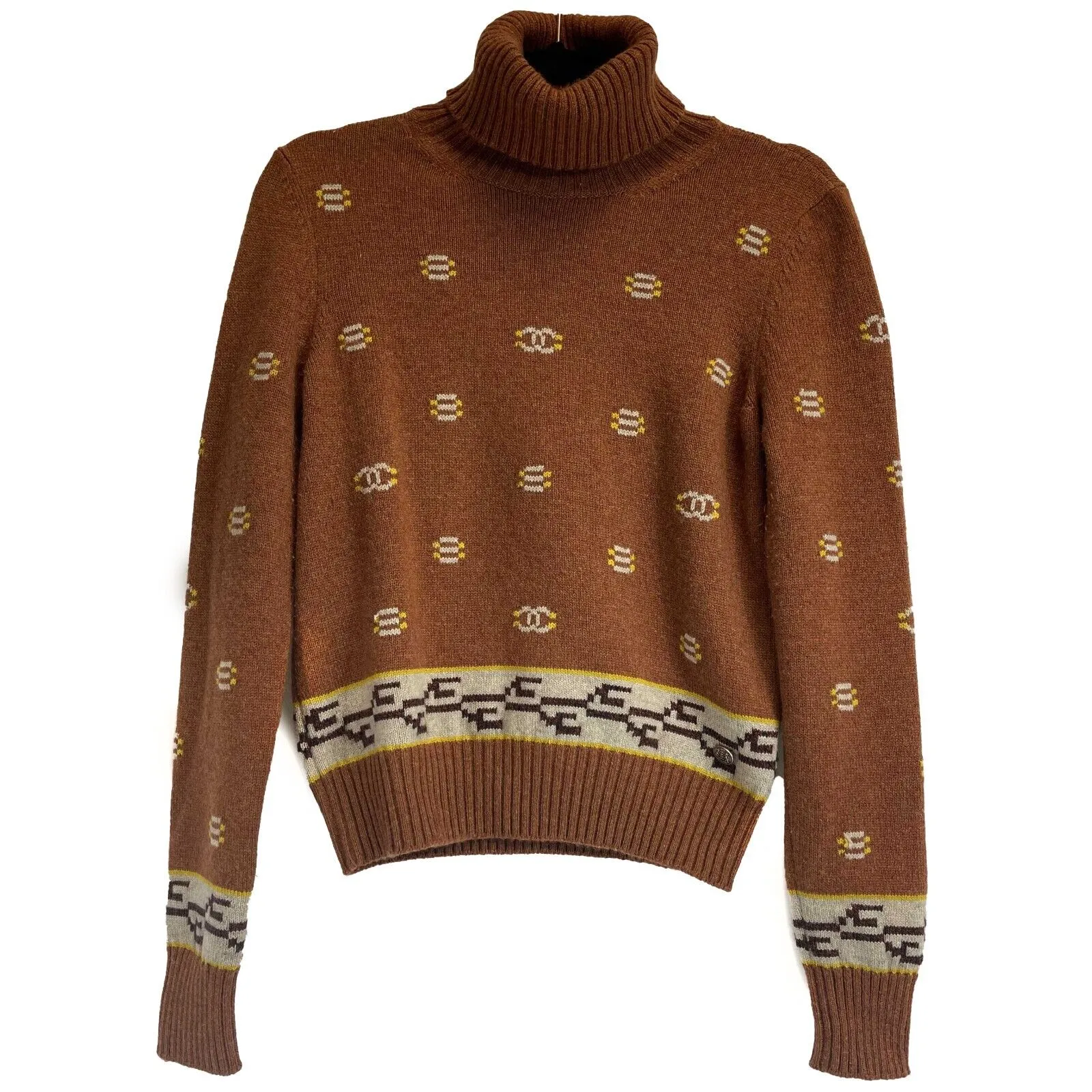 Chanel Cashmere Sweater Tribal Women Brown Turtleneck Pullover 36 US 4 Small Top