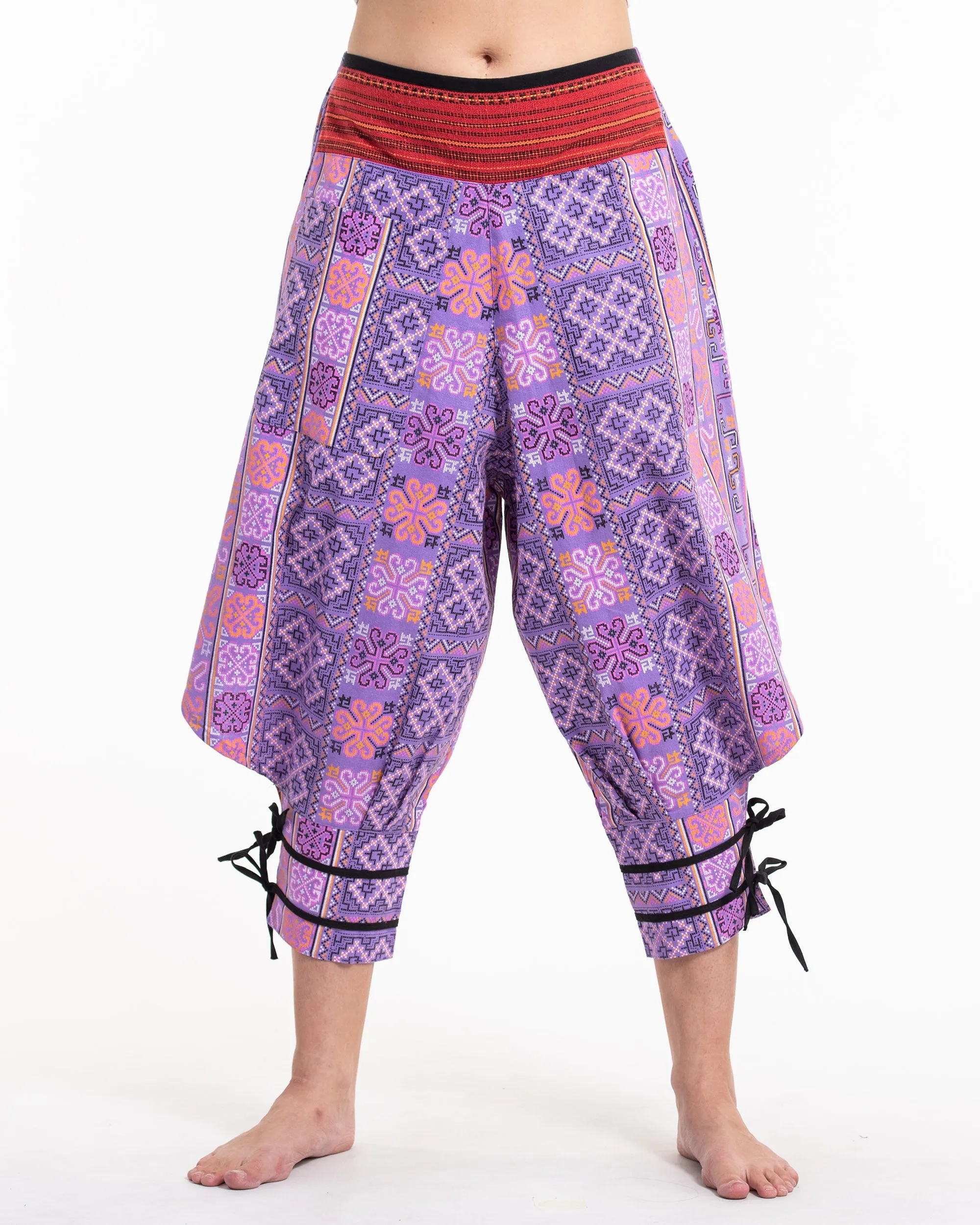 Clovers Thai Hill Tribe Fabric Women's Harem Pants with Ankle Straps in Light Purple