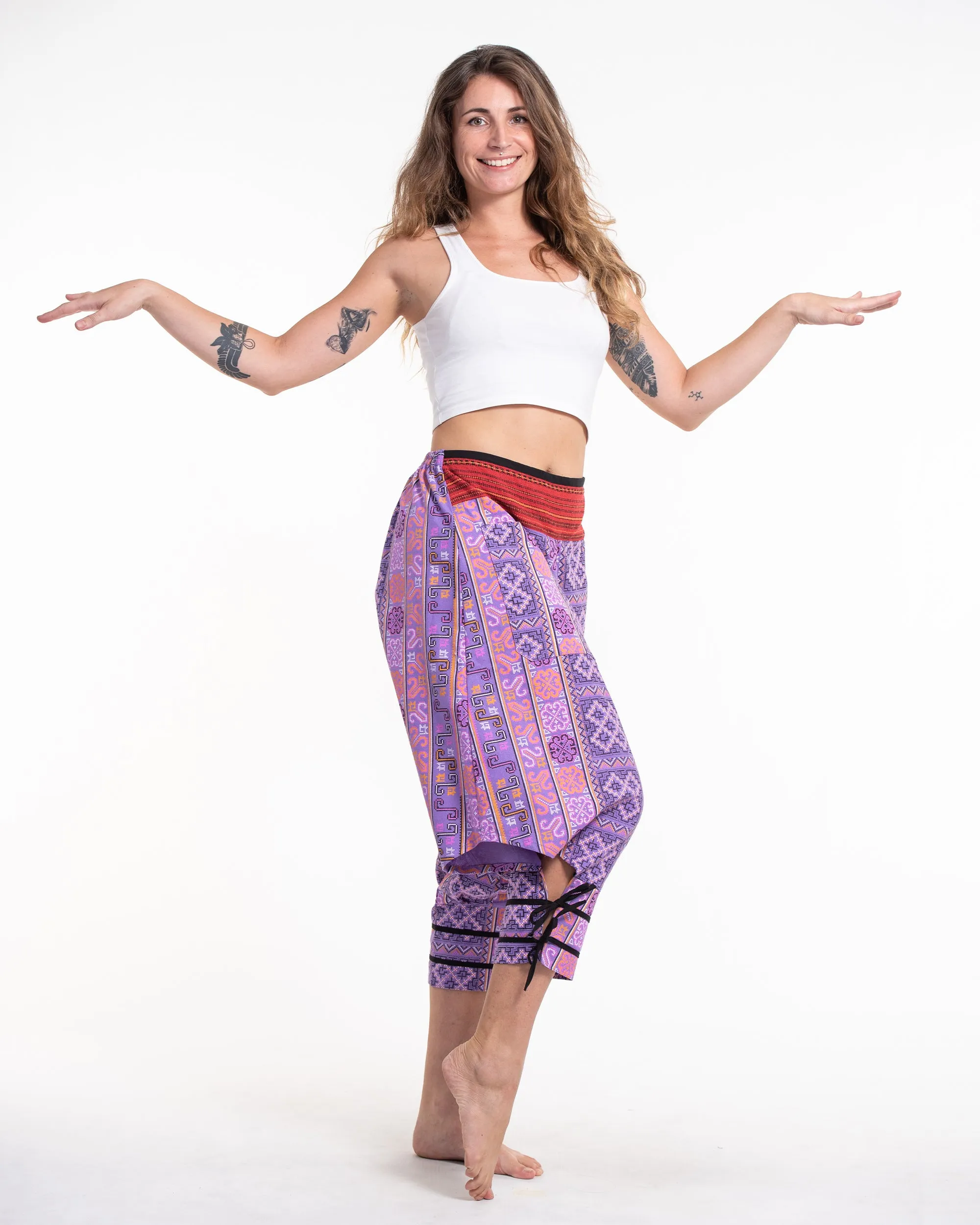 Clovers Thai Hill Tribe Fabric Women's Harem Pants with Ankle Straps in Light Purple