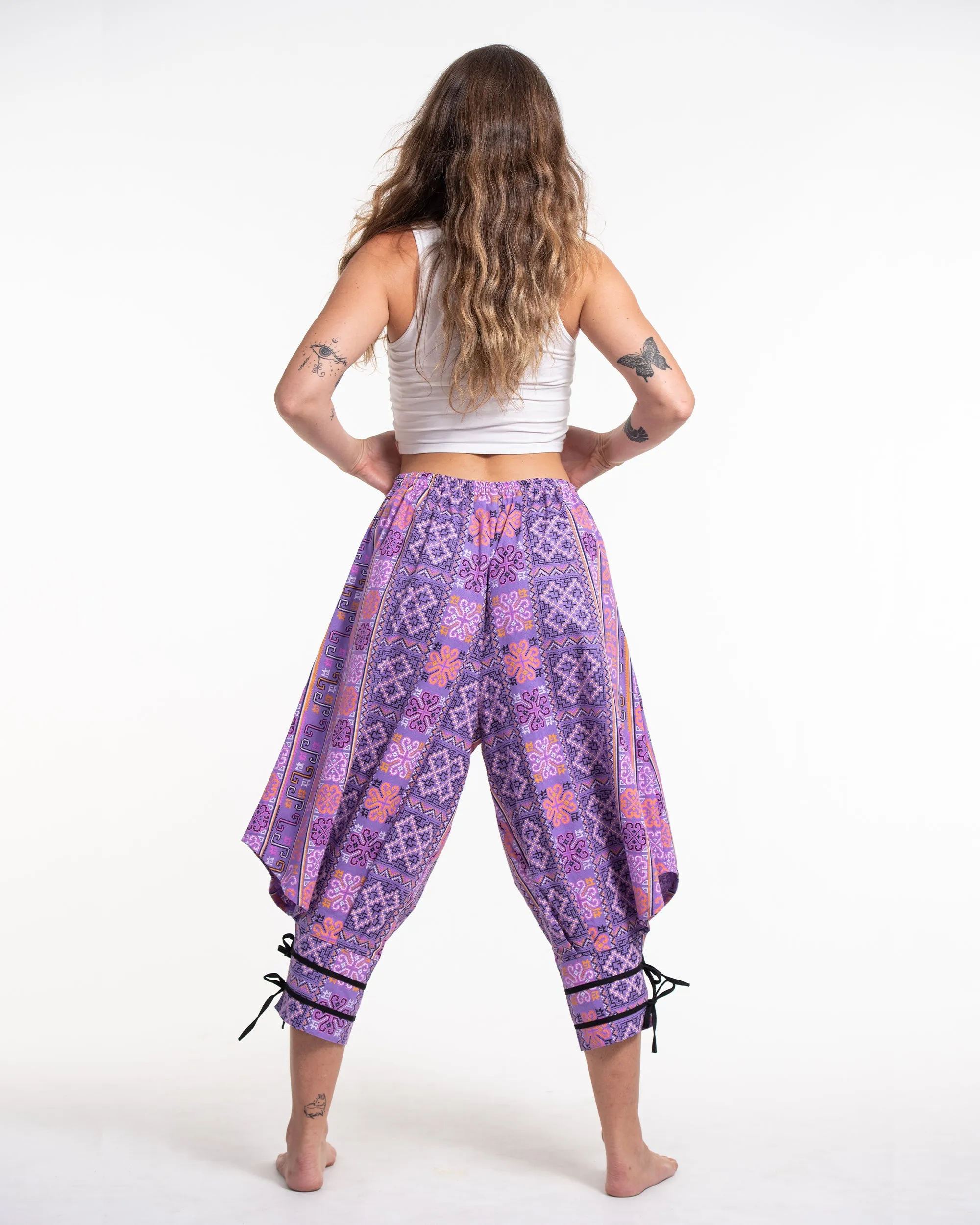 Clovers Thai Hill Tribe Fabric Women's Harem Pants with Ankle Straps in Light Purple