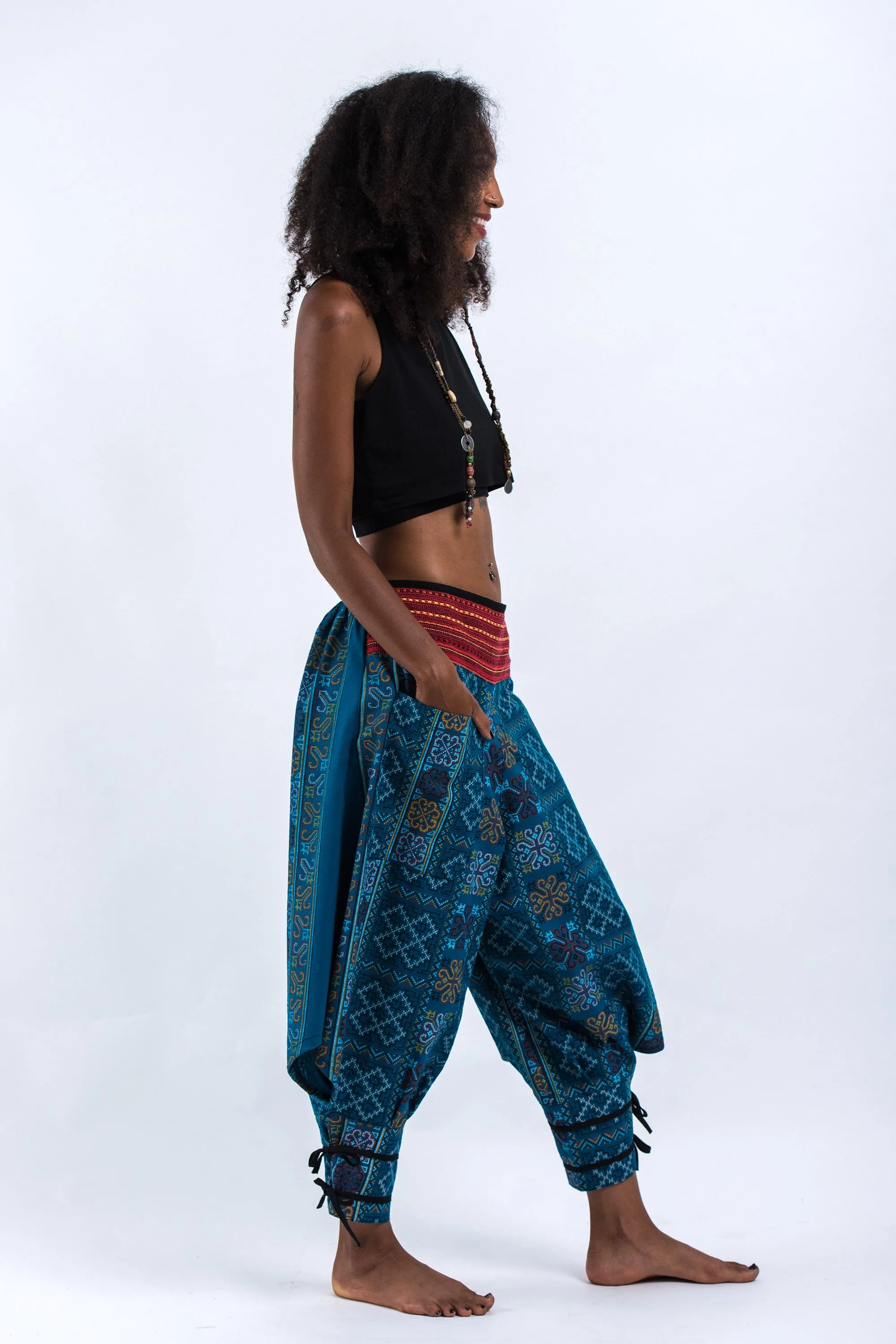 Clovers Thai Hill Tribe Fabric Women's Harem Pants with Ankle Straps in Turquoise