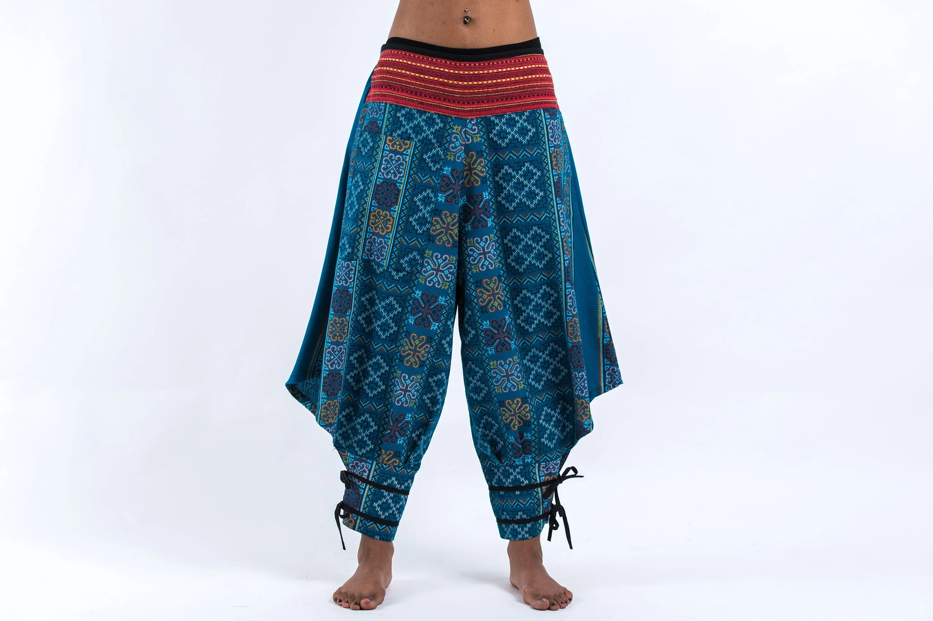 Clovers Thai Hill Tribe Fabric Women's Harem Pants with Ankle Straps in Turquoise