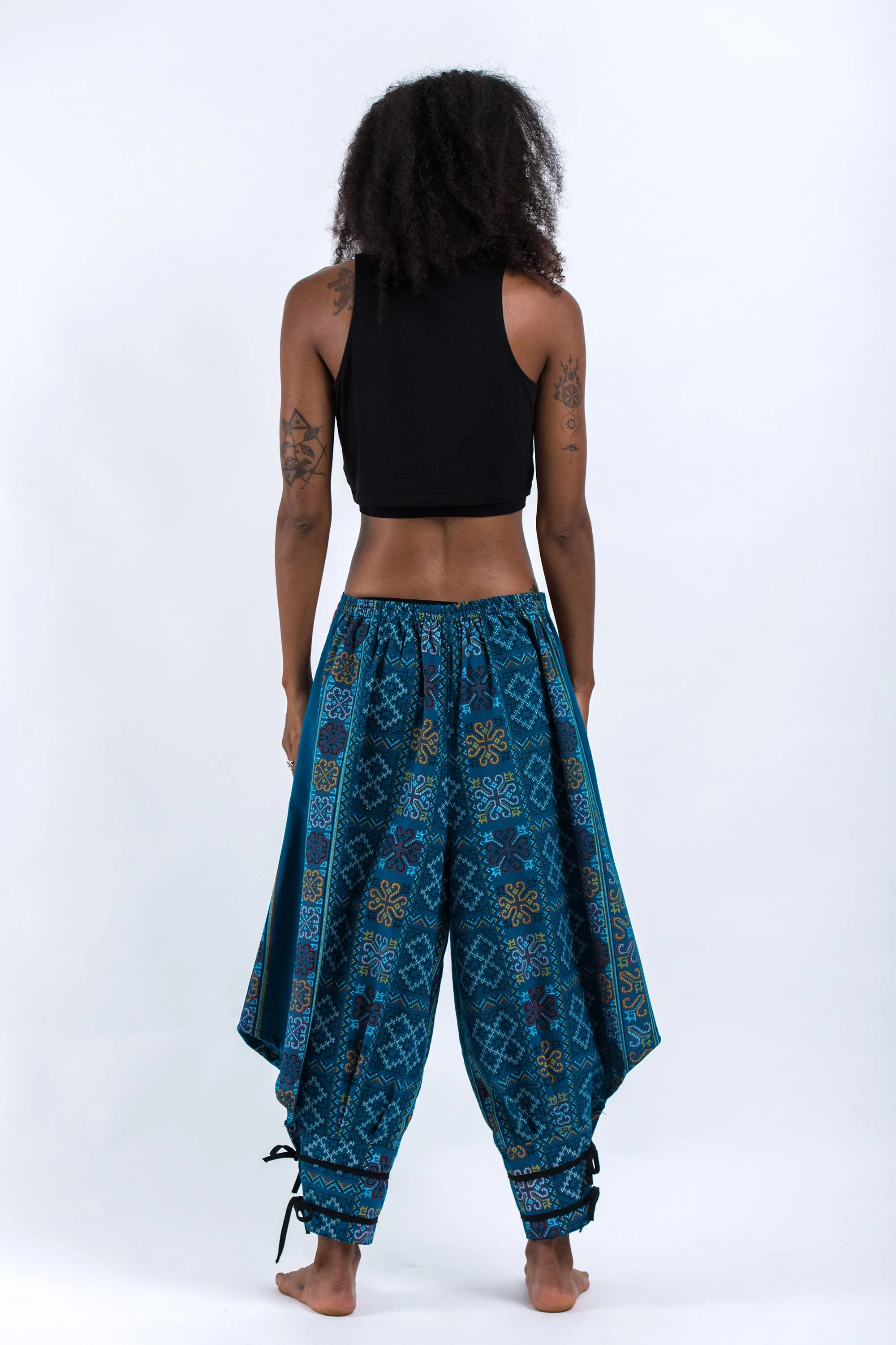 Clovers Thai Hill Tribe Fabric Women's Harem Pants with Ankle Straps in Turquoise