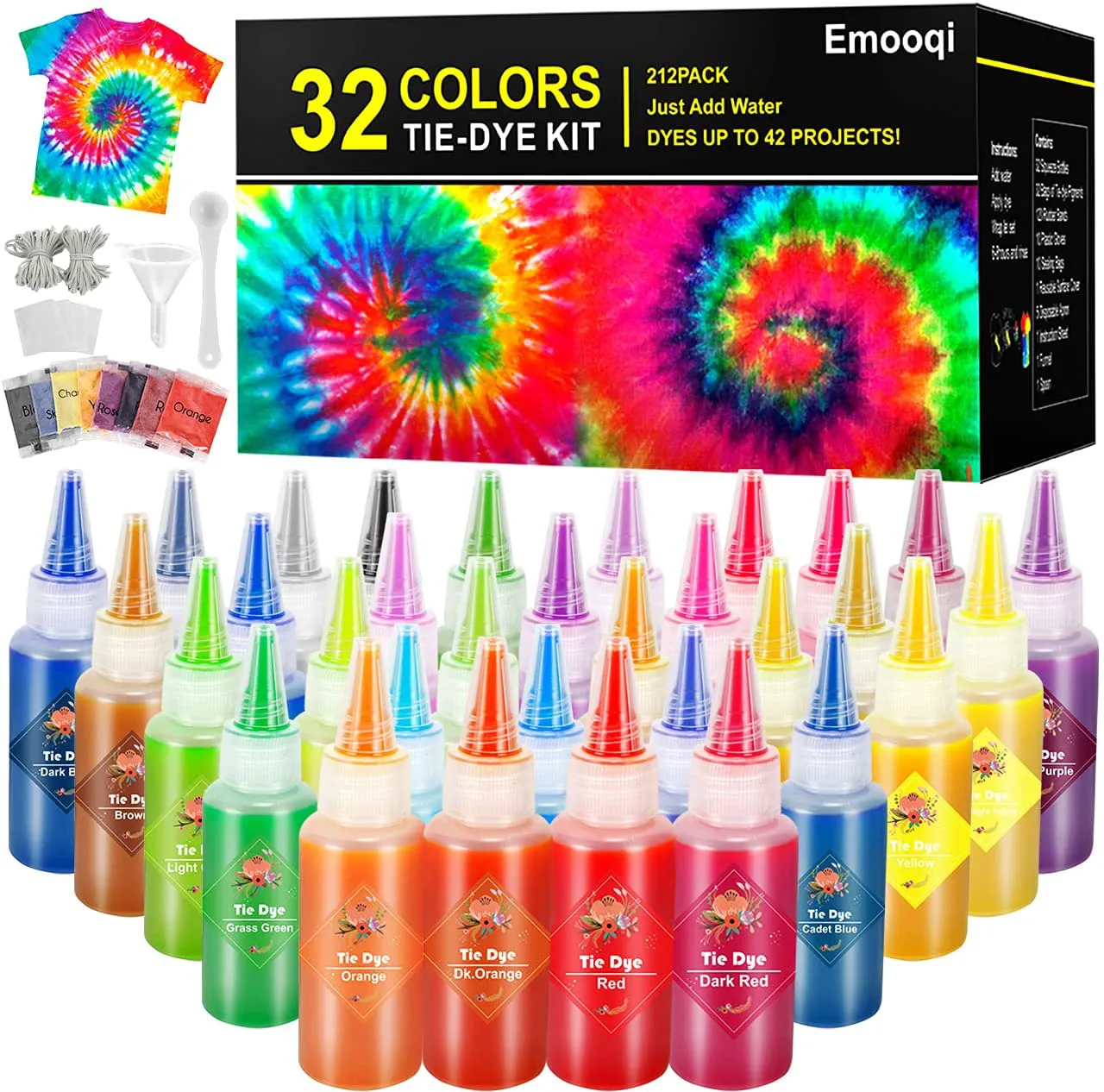 DIY Tie Dye Kits, Emooqi 32 Colours All-in-1 Tie Dye Set Contain 32 Bag Pigments, Rubber Bands, Gloves, Sealed Bag, Apron and Table Covers