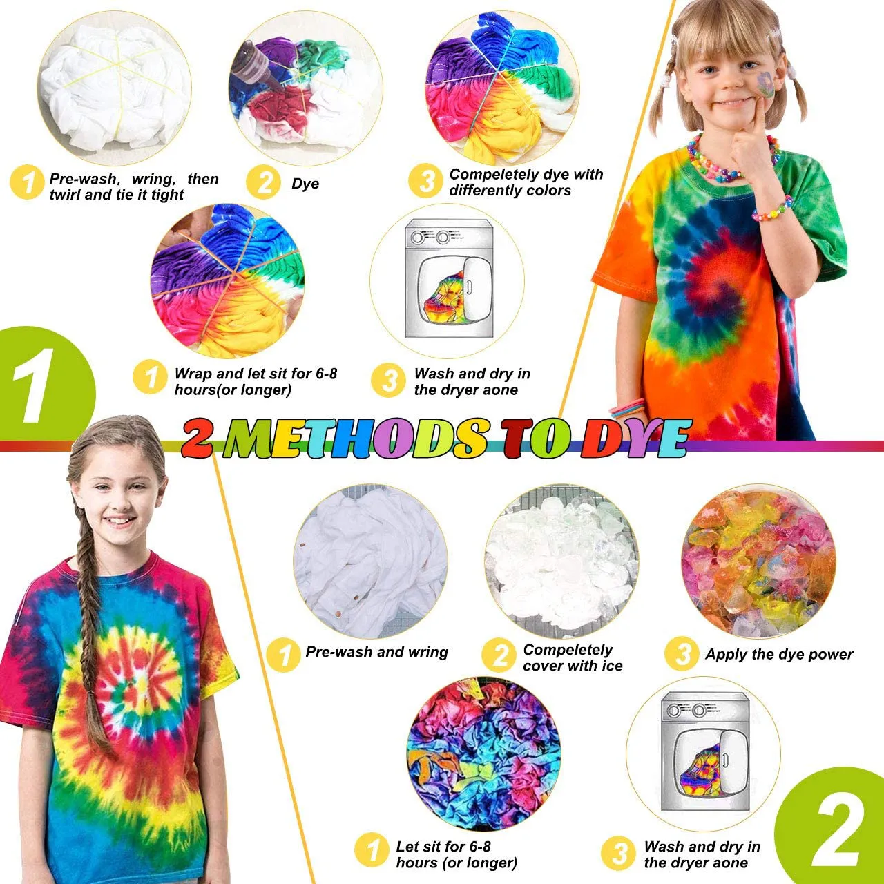 DIY Tie Dye Kits, Emooqi 32 Colours All-in-1 Tie Dye Set Contain 32 Bag Pigments, Rubber Bands, Gloves, Sealed Bag, Apron and Table Covers