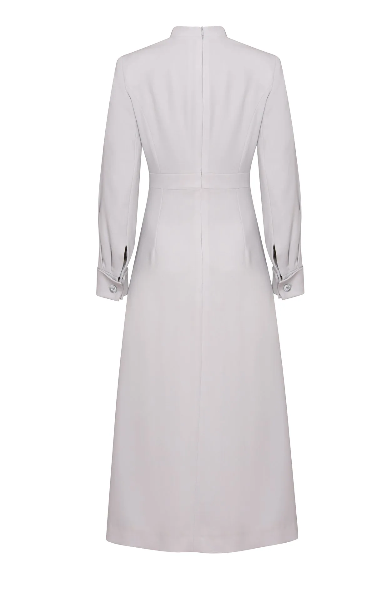 Double Breasted, Long Sleeved Coat Dress with Buttons in Dove Grey Crepe Cady - Savannah