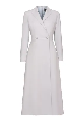 Double Breasted, Long Sleeved Coat Dress with Buttons in Dove Grey Crepe Cady - Savannah