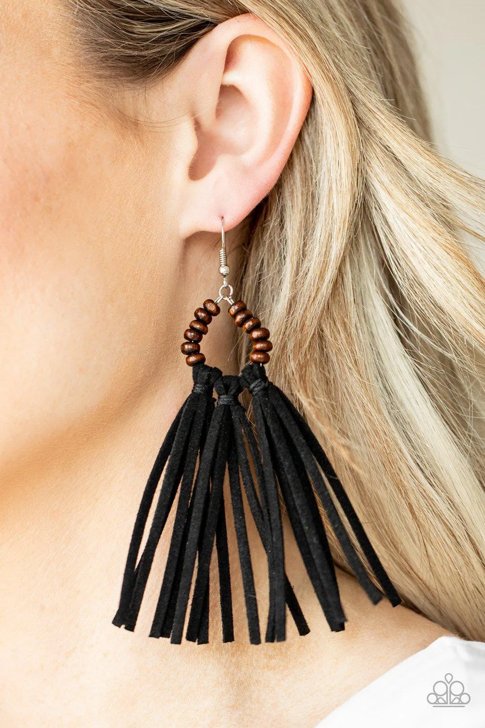 Easy To PerSUEDE Wood and Black Suede Tassel Earrings - Paparazzi Accessories