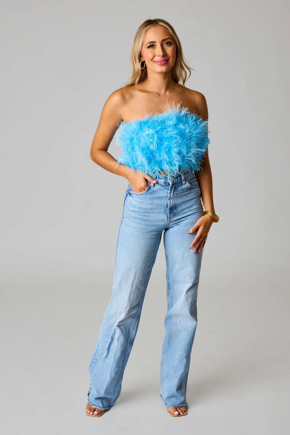 Fancy Strapless Feather Crop Top - Azure Blue