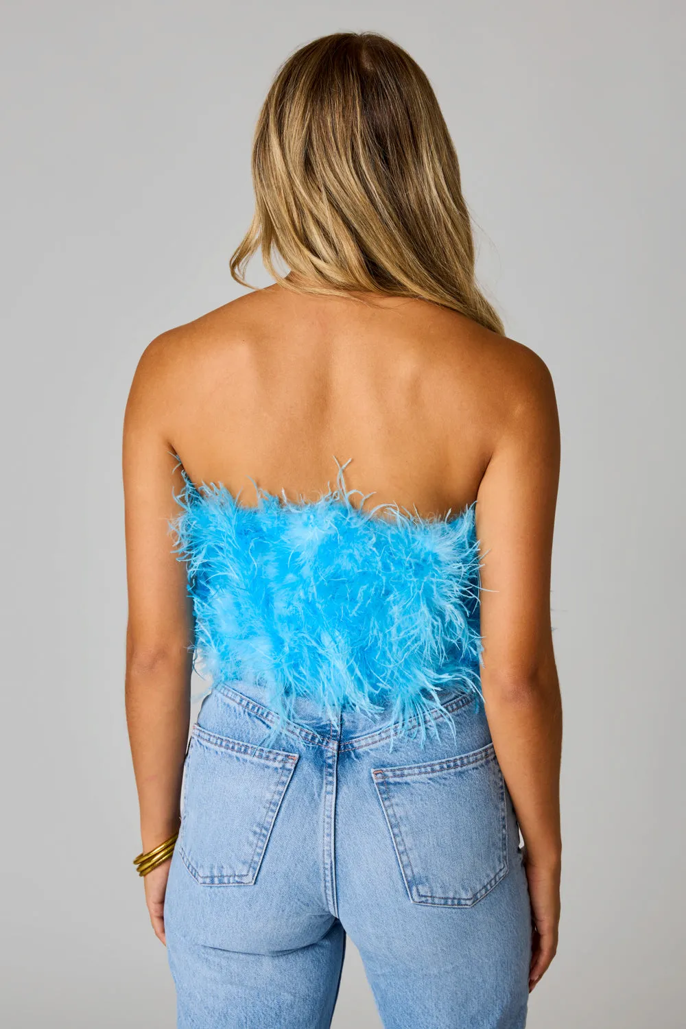 Fancy Strapless Feather Crop Top - Azure Blue