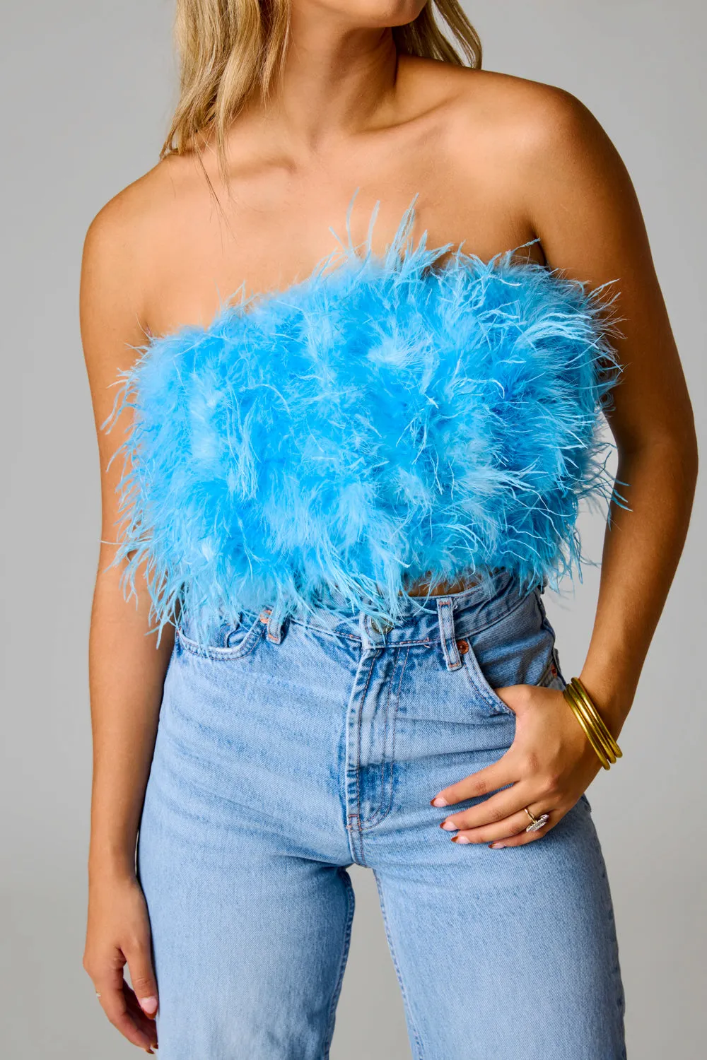 Fancy Strapless Feather Crop Top - Azure Blue