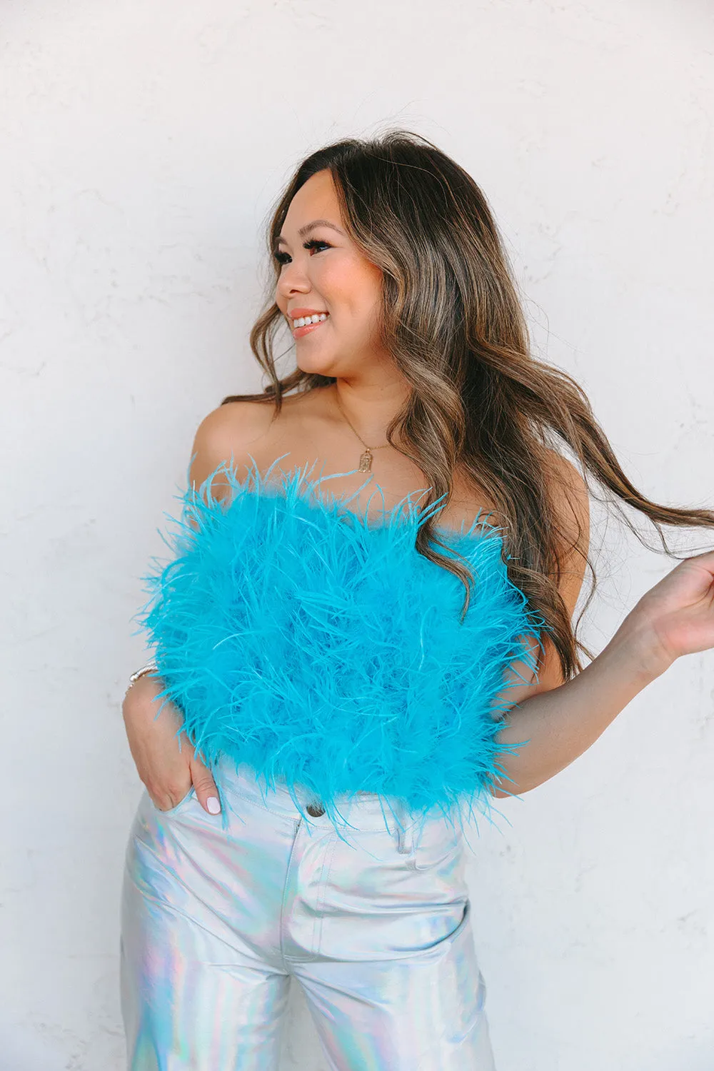 Fancy Strapless Feather Crop Top - Azure Blue