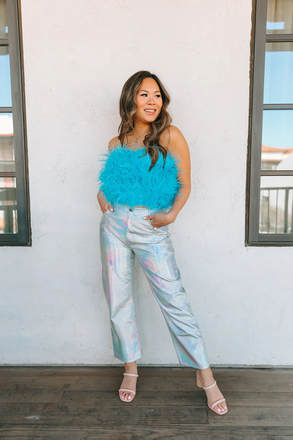 Fancy Strapless Feather Crop Top - Azure Blue